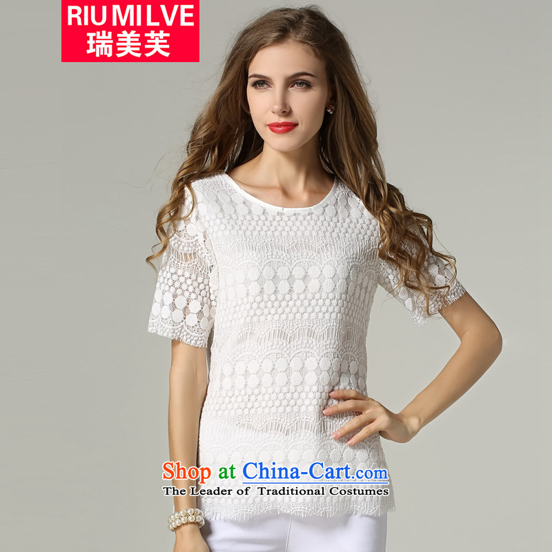 Rui Mei to increase women's code 2015 Summer_ thick MM thick person video thin lace Sau San engraving short-sleeved T-shirt female jacket?V819?white?L