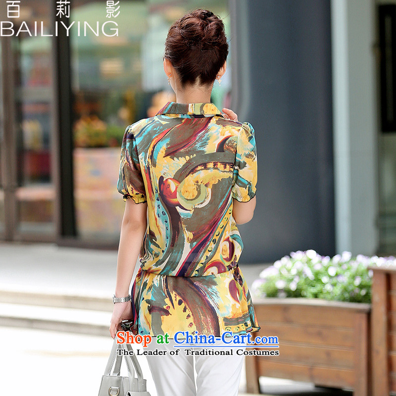 Hundred Li Ying Summer 2015 new products and new stylish decoration with suction short-sleeved T-shirt with round collar chiffon 2XL, yellow T-shirt (BAILIYING hundreds of LI) , , , shopping on the Internet