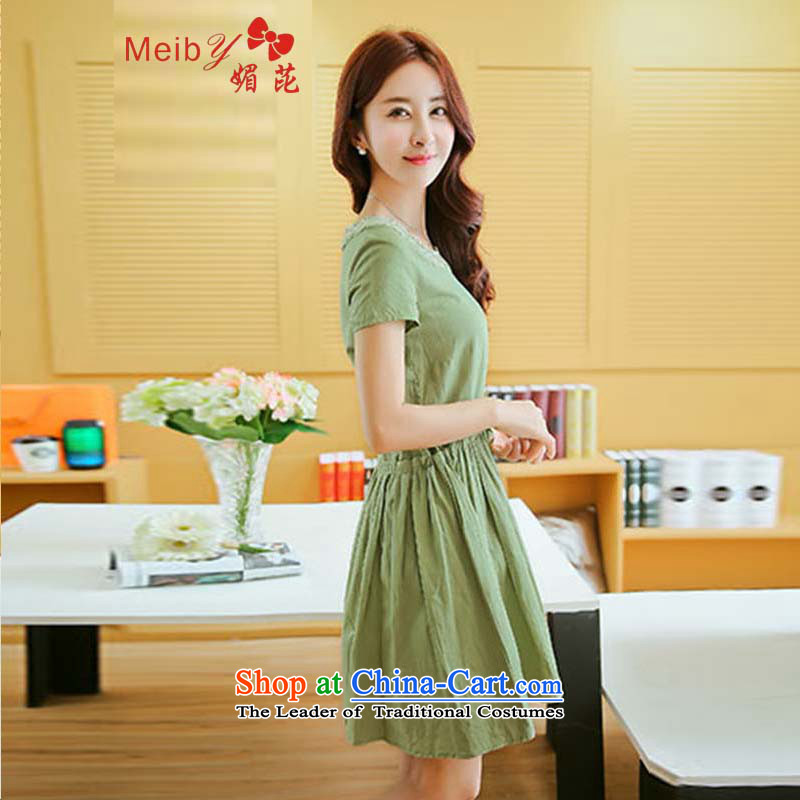 Large meiby female wild summer new round-neck collar lace short skirt retro arts loose short-sleeved larger sum female cotton linen dresses of 7,859 M, green (meiby) , , , shopping on the Internet