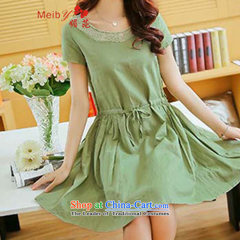 Large meiby female wild summer new round-neck collar lace short skirt retro arts loose short-sleeved larger sum female cotton linen dresses of 7,859 M, green (meiby) , , , shopping on the Internet