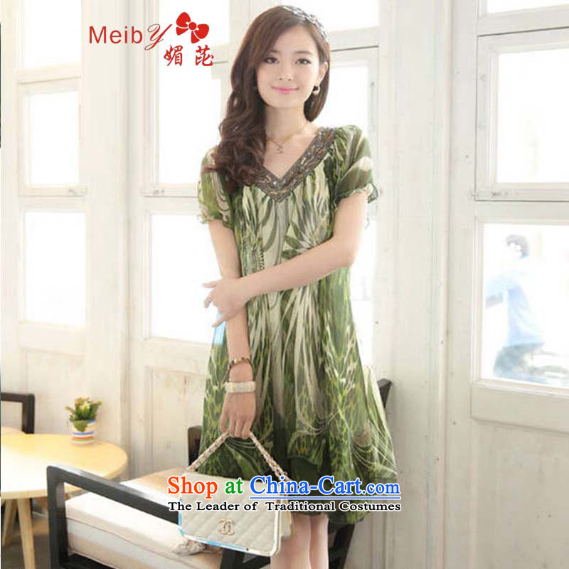 Large meiby female wild Sleek and versatile larger larger women to increase the liberal video thin thick sister short-sleeved large chiffon dresses XXXL, green of 1596 (meiby) , , , shopping on the Internet