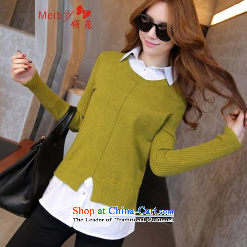 Maximum number of ladies wild woolen pullover female Sleek and versatile large spring new Korean female shirt collar leave two Knitted Shirt, forming the Women 6004 fluorescent yellow shirt , L, of meiby () , , , shopping on the Internet