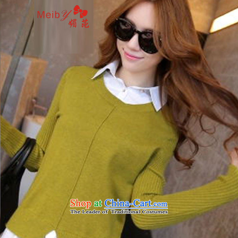 Maximum number of ladies wild woolen pullover female Sleek and versatile large spring new Korean female shirt collar leave two Knitted Shirt, forming the Women 6004 fluorescent yellow shirt , L, of meiby () , , , shopping on the Internet