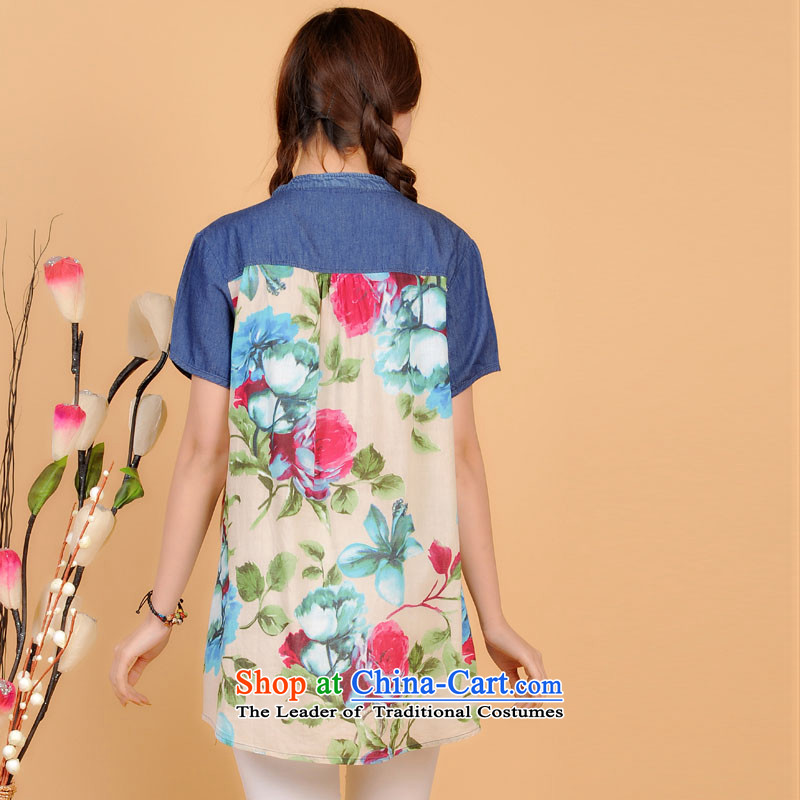 The sea route take the Korean version of the new Small collar short-sleeved realism stamp personality stitching summer loose shirts to load significantly code T-shirt 5B4705 light background stamp 2XL, sea route to spend shopping on the Internet has been