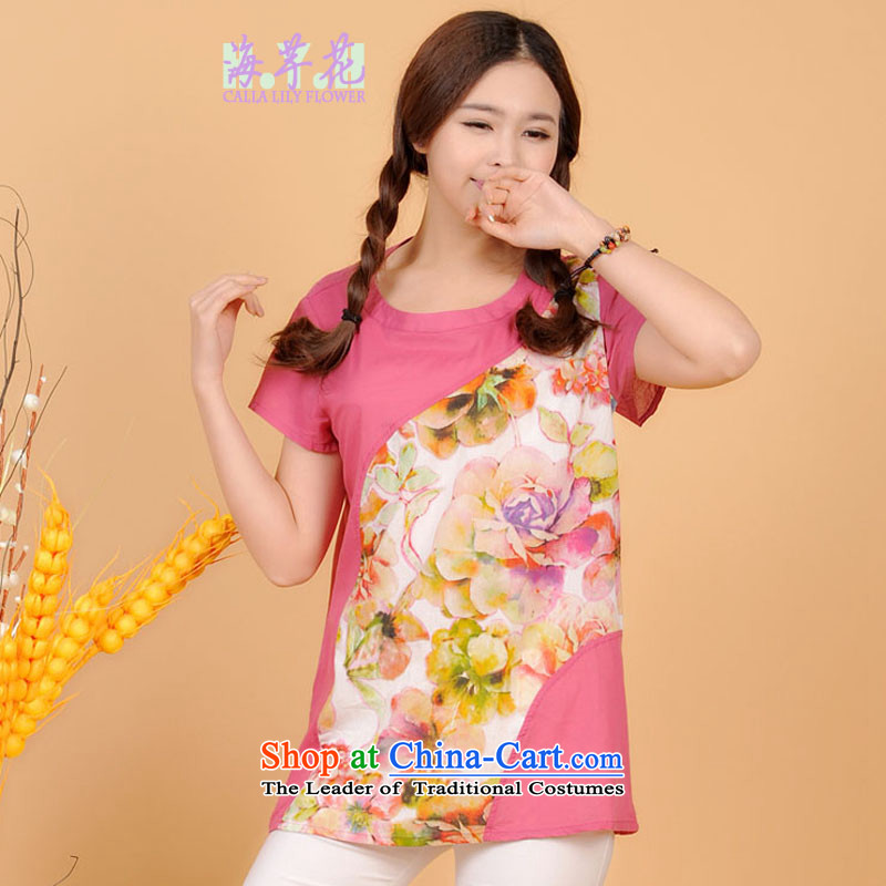 The sea route take the Korean version of the new round-neck collar short-sleeved pure cotton ink stamp general, large relaxd summer shirt 5G4705 west pink XL