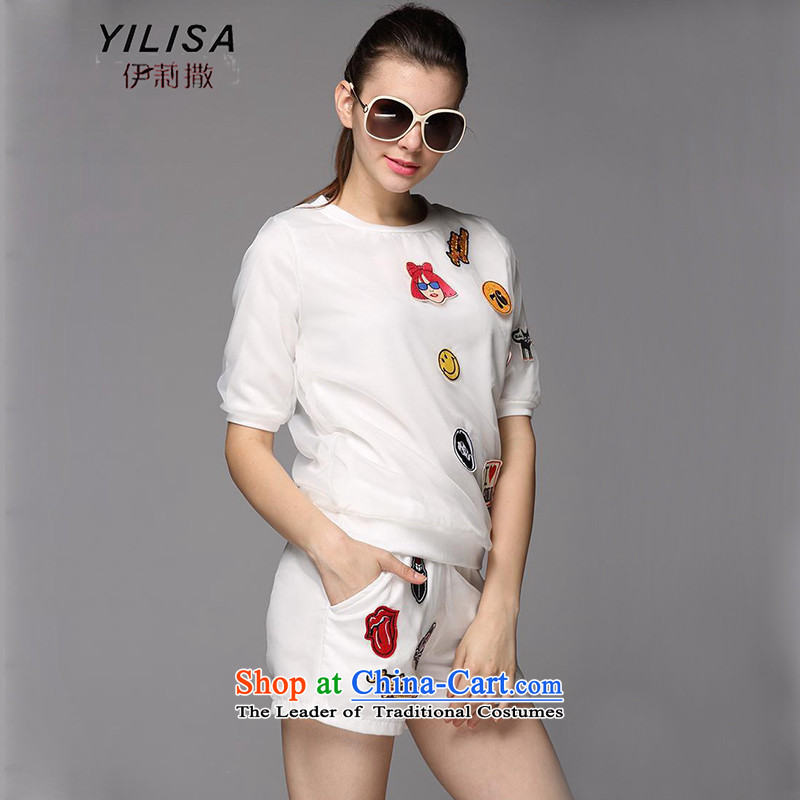 Install spring and summer YILISA new European site small incense wind large MM thick female lovely cartoon shorts, short-sleeved T-shirt leisure sports suits Y9070 White?4XL recommended weight 160-180 catty