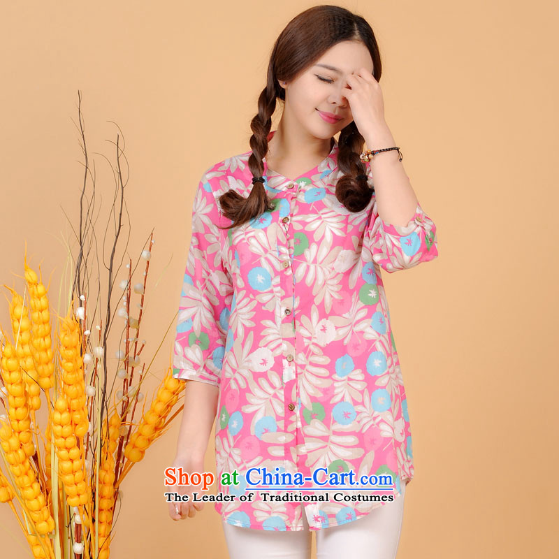 The sea route take the Korean version of the new Small collar 7 cuff pure cotton small large floral shirt spring and summer loose increase female clothes 5L4705 light pink flowers....  3XL, sea shopping on the Internet