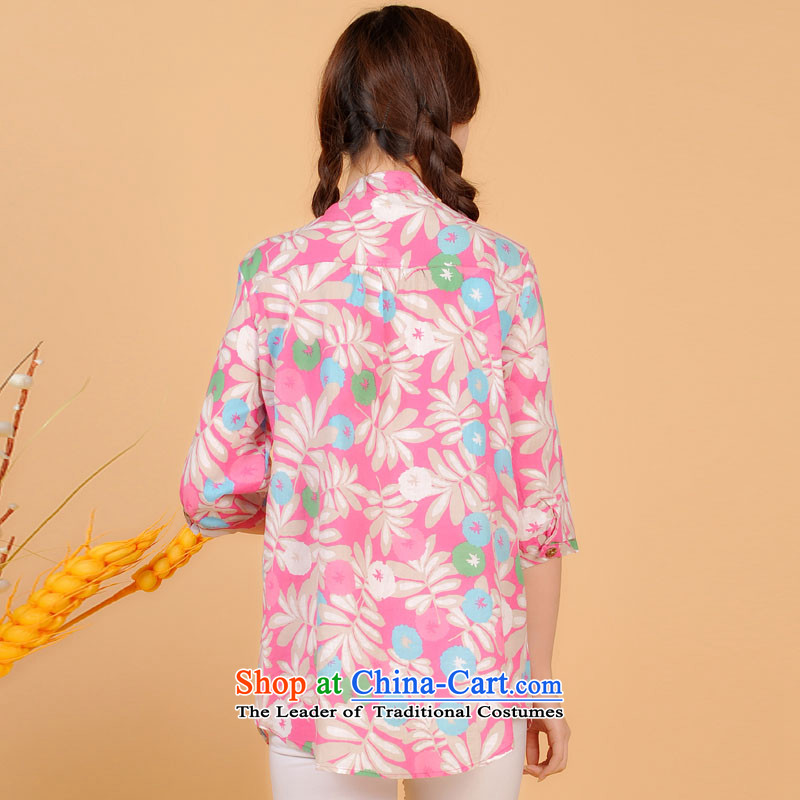The sea route take the Korean version of the new Small collar 7 cuff pure cotton small large floral shirt spring and summer loose increase female clothes 5L4705 light pink flowers....  3XL, sea shopping on the Internet