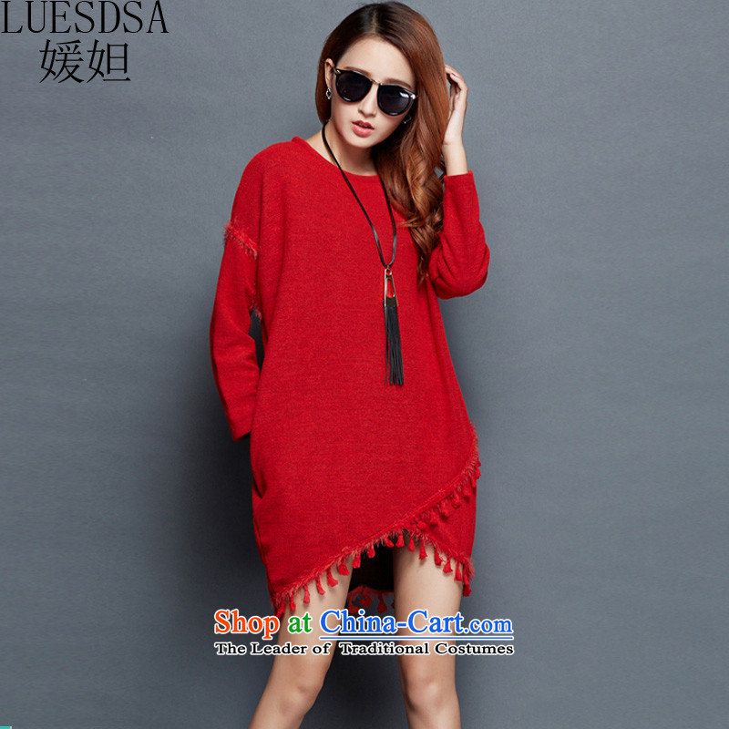 Yuan slot in the 2015 Fall_Winter Collections new Korean to increase women's code loose black poverty video in mm thick thin long Sweater Knit-dresses YD145 red color?3XL