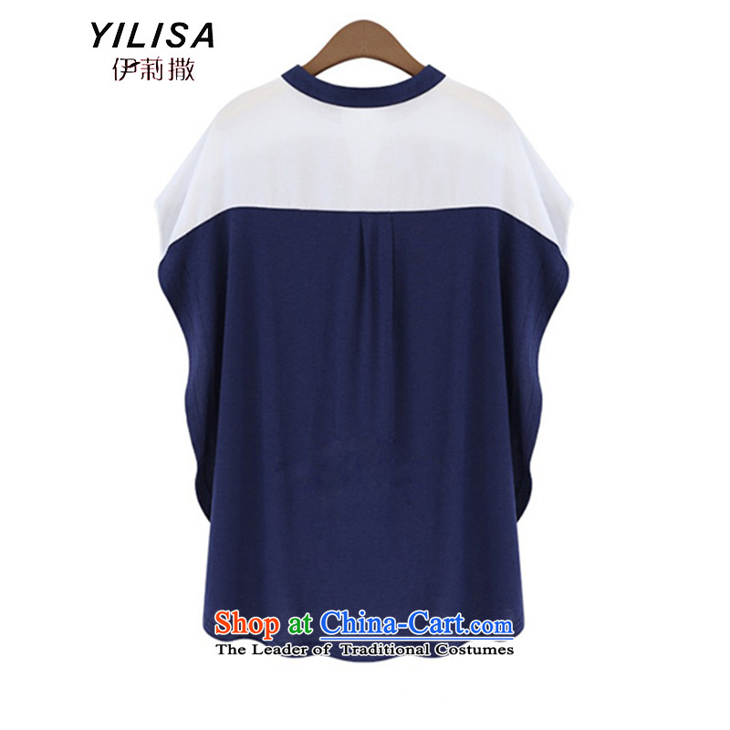 Europe and the new maximum YILISA code blouses thick mm summer relaxd stylish wild in long stitching knocked color Mock-Neck Shirt K862 bat sleeves 4XL, deep blue, the Reine (YILISA sub-shopping on the Internet has been pressed.)
