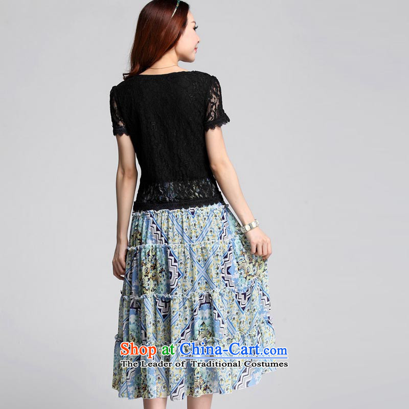 Coveted summer new Korean chiffon lace stitching short-sleeved in long thick MM larger women's dresses 3555 Blue XXXXL, coveted (tanai) , , , shopping on the Internet