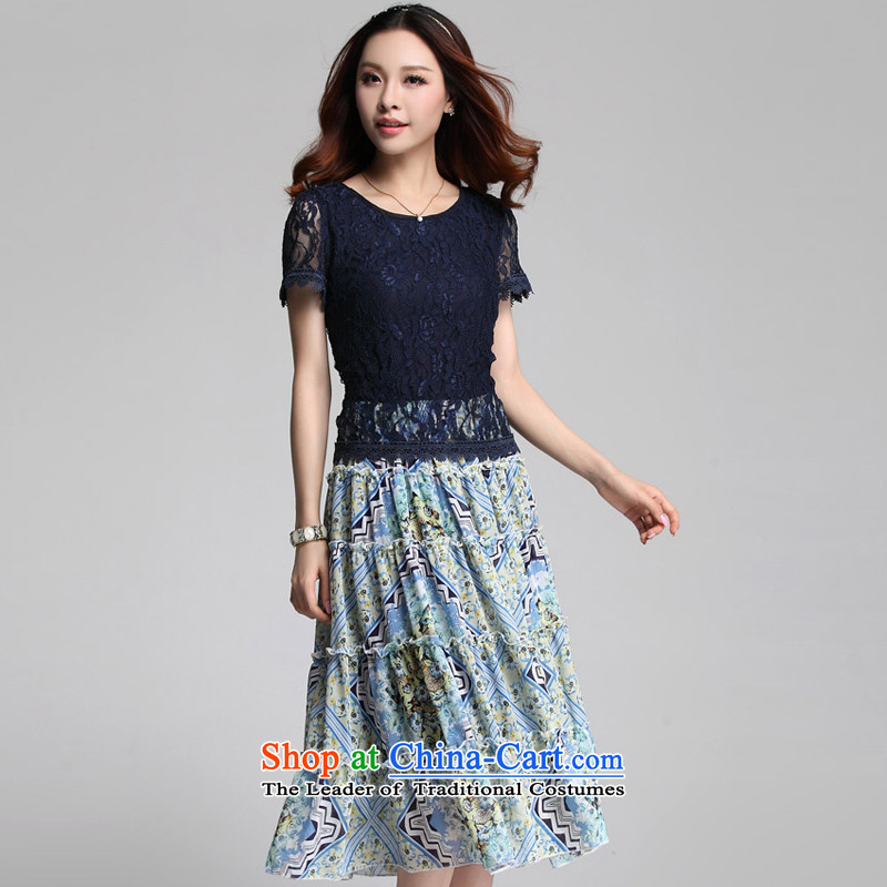 Coveted summer new Korean chiffon lace stitching short-sleeved in long thick MM larger women's dresses 3555 Blue XXXXL, coveted (tanai) , , , shopping on the Internet
