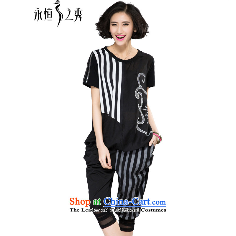The Eternal Soo-To increase the number of female graphics thin package thick sister 2015 Summer new product expertise, Hin thick mm thin strips lace t-shirt pants two piece black 3XL