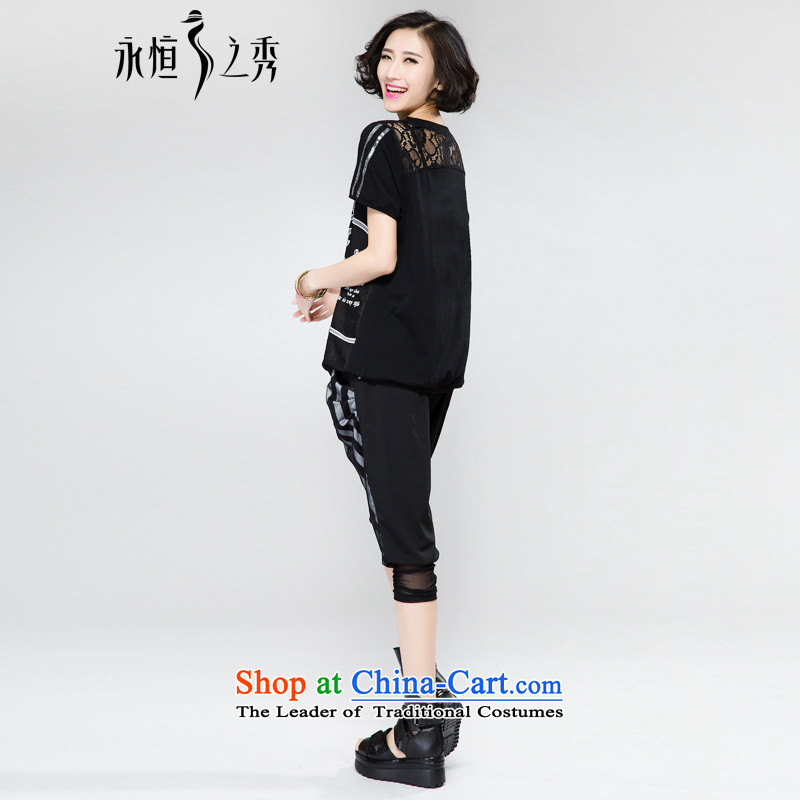 The Eternal Soo-To increase the number of female graphics thin package thick sister 2015 Summer new product expertise, Hin thick mm thin strips lace t-shirt pants two piece black 3XL, eternal Soo , , , shopping on the Internet