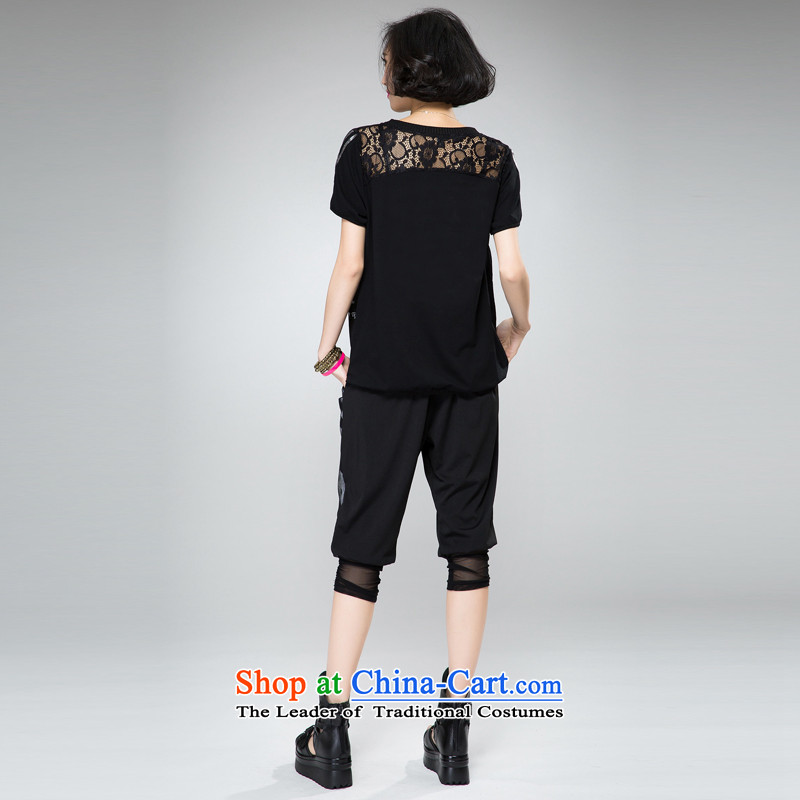 The Eternal Soo-To increase the number of female graphics thin package thick sister 2015 Summer new product expertise, Hin thick mm thin strips lace t-shirt pants two piece black 3XL, eternal Soo , , , shopping on the Internet
