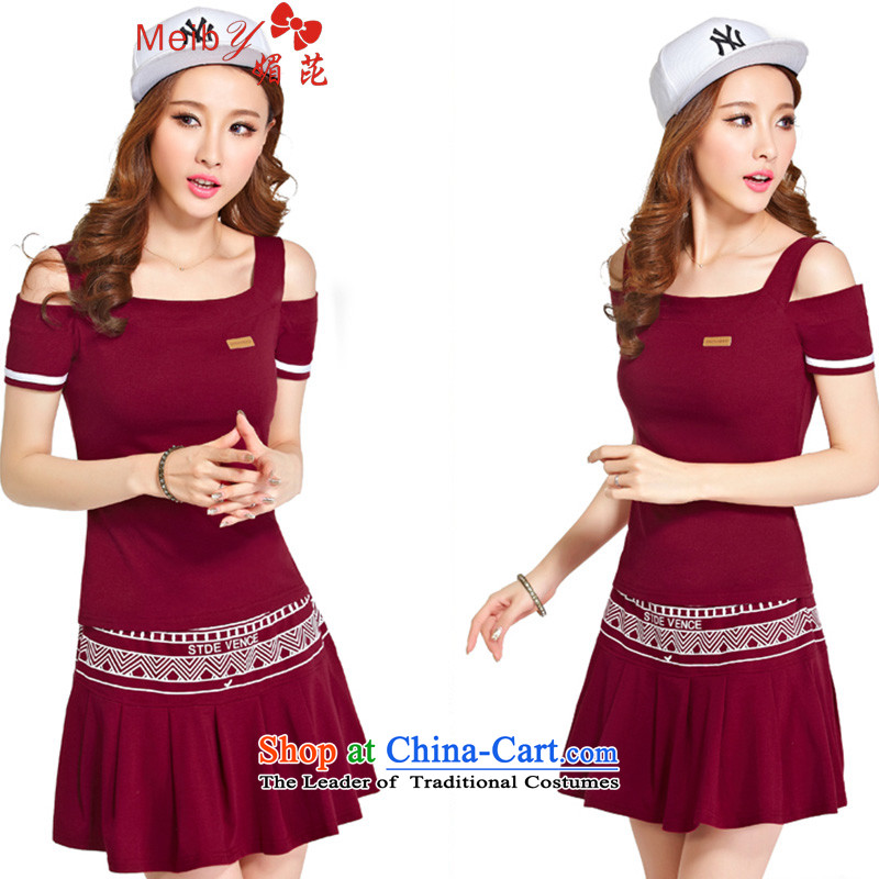 Large meiby female wild Sleek and versatile large summer new Korean short-sleeved short skirt body movement who decorated skirt Kit Video thin 8902 wine red M