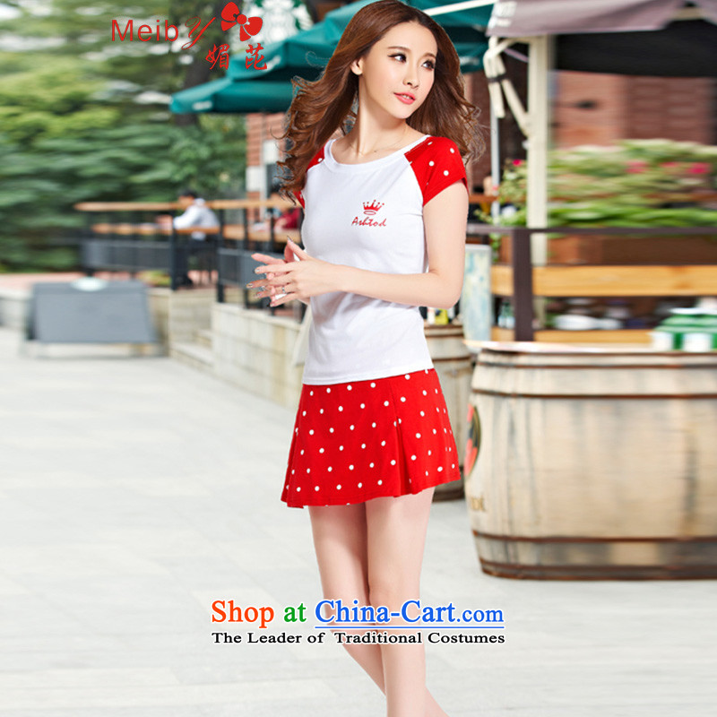 Large meiby female wild summer tennis skirt kit for larger women's footsteps-light Sport pants short skirt two kits short-sleeved red 8901 XL
