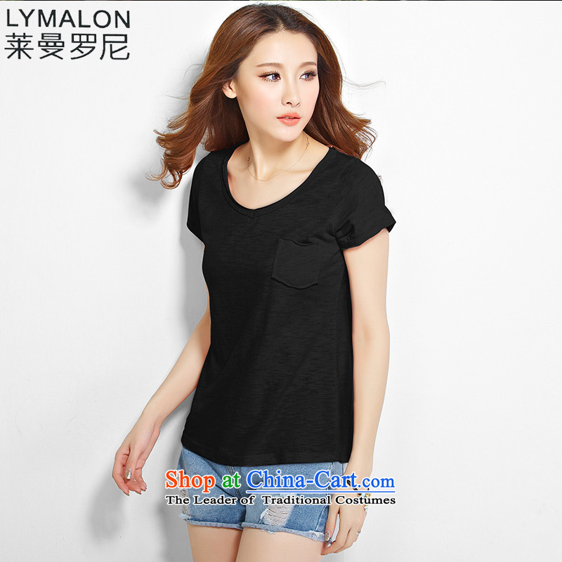 The lymalon lehmann thick, Hin thin 2015 Summer new Korean version of large code ladies casual pure color, short-sleeved T-shirt Black 1200XL