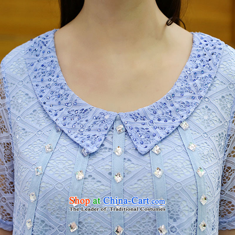 In the new Europe and the Summer Park large female loose chiffon shirt, long lace stitching thick blue 1737 5XL 180-190mm around 922.747, Park shopping on the Internet has been pressed.