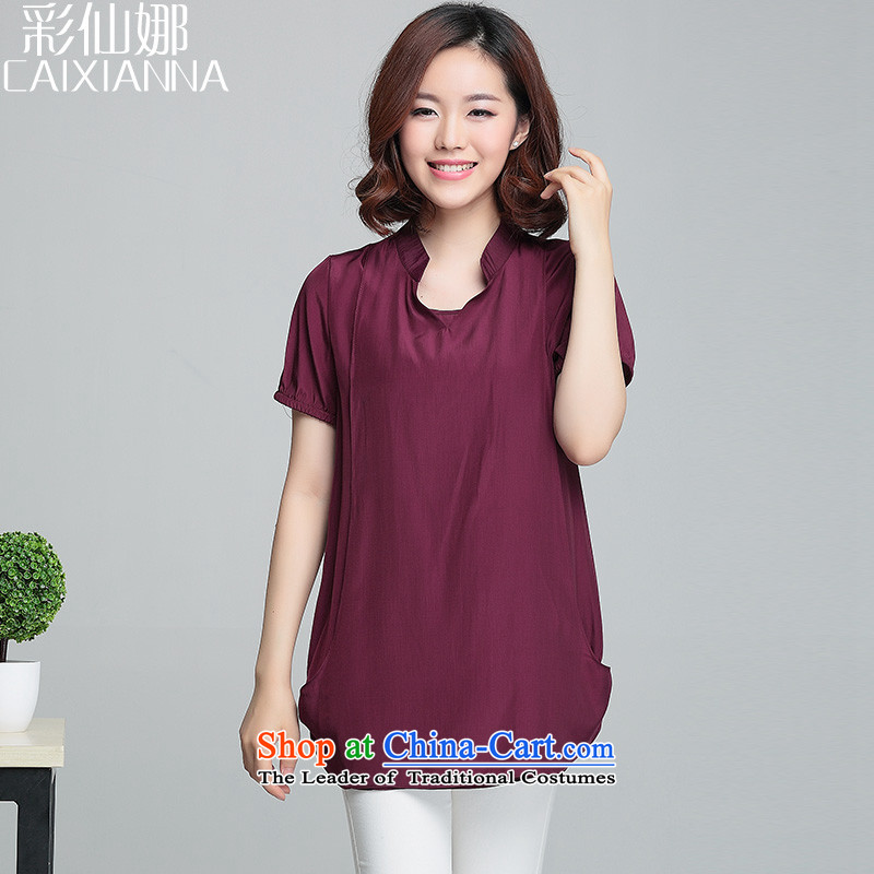 The2015 summer of sin also new Korean female xl loose Short Sleeve V-Neck Sweater chiffon female wine red2XL