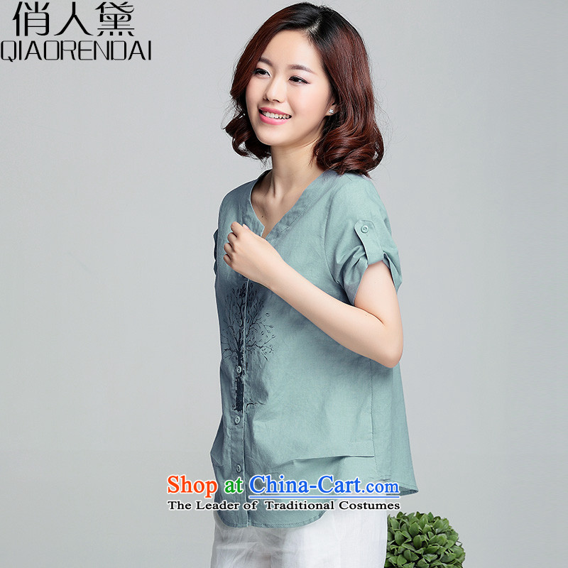 For people T-shirt female summer Doi short-sleeved short of 2015 Summer New Women Korean fashion loose cotton linen clothes blue water is of Doi (M QIAORENDAI shopping on the Internet has been pressed.)