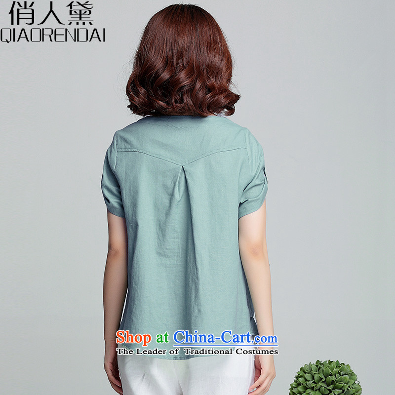 For people T-shirt female summer Doi short-sleeved short of 2015 Summer New Women Korean fashion loose cotton linen clothes blue water is of Doi (M QIAORENDAI shopping on the Internet has been pressed.)