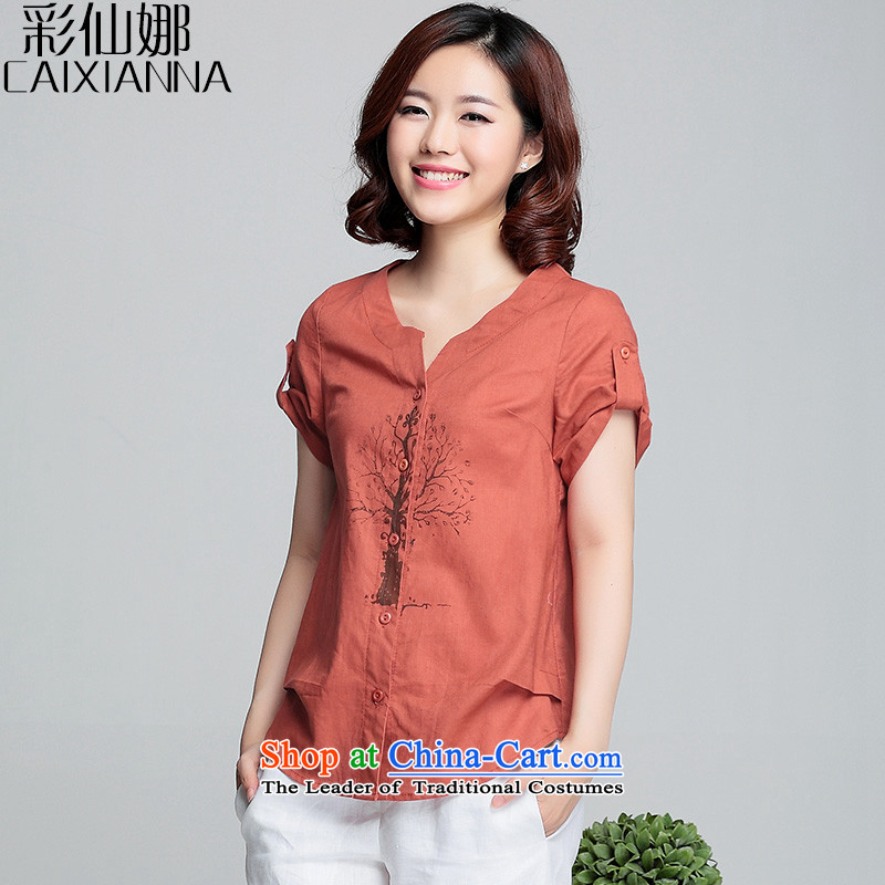 Also the 2015 Summer sin new V-neck shirt female Korean version of large numbers of ladies solid color short-sleeved T-shirt, forming the cotton linen clothes orange 4XL