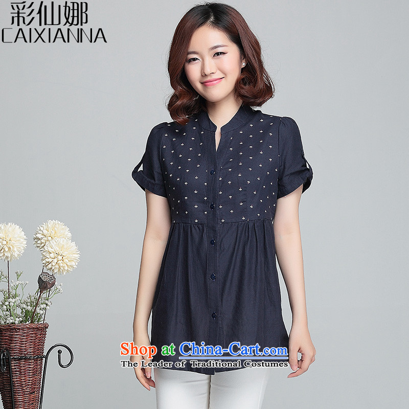 Also the2015 Summer Sin NEW SHIRT Korean president large relaxd casual female cotton linen stamp short-sleeved T-shirt color navy4XL