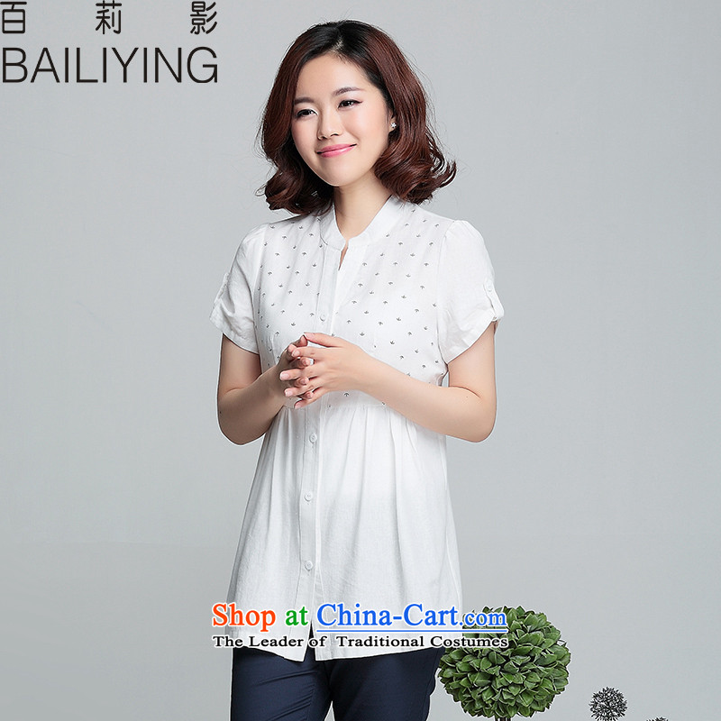 Hundred Li Ying 2015 Summer new cotton linen blouses large middle-aged female loose stamp female shirt shirt dolls White?M-recommendation 110 catties following