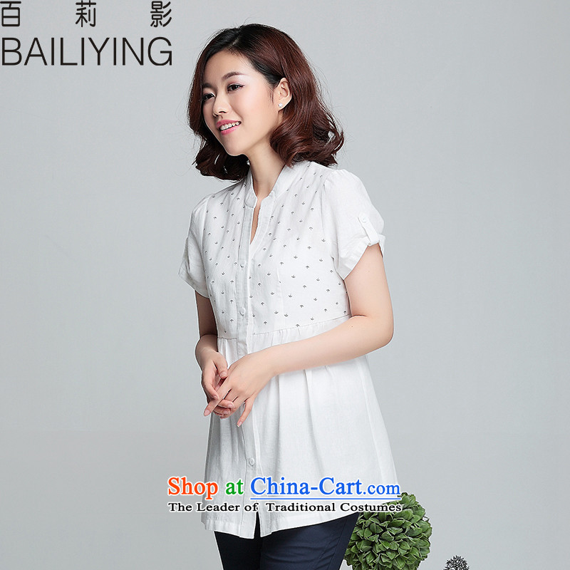 Hundred Li Ying 2015 Summer new cotton linen blouses large middle-aged female loose stamp female shirt shirt dolls White M-recommendation 110 catties following, as hundreds (BAILIYING Li shopping on the Internet has been pressed.)