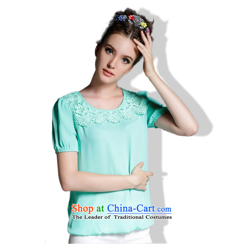 Replace, Hin thick ting thin 2015 Summer thick mm wild large European and American Women's solid color for dolls lace stitching short-sleeved T-shirt, blue shirt with 1869 3XL, zhuangting Ting () , , , shopping on the Internet