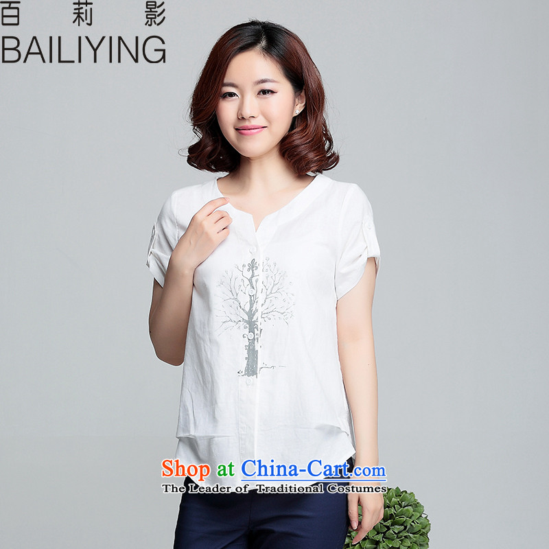 Hundreds of Li Ying larger women 2015 summer short-sleeved shirt with the new arts cotton linen clothes white shirt mm thick?3XL- recommendations 140-160 characters catty