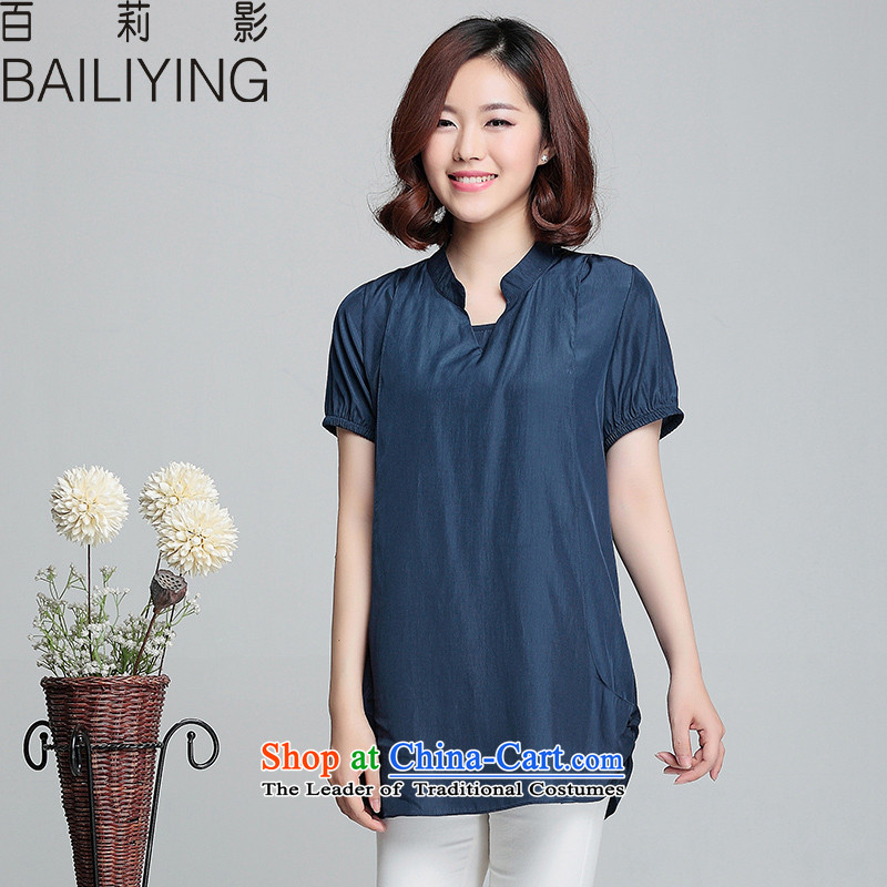 Hundred Li Ying thick mm2015 summer video thin loose short-sleeved T-shirt to xl women small V-Neck Chiffon Netherlands Navy?4XL- recommendations 155-175 catty
