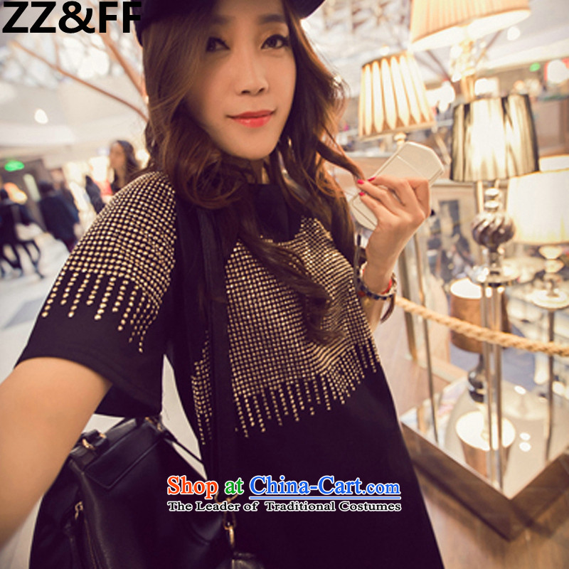 2015 Korean Zz&ff summer western edging gold short-sleeved large Fat MM dresses in long T shirt picture color XL( recommendations 100-135 catty ),ZZ&FF,,, shopping on the Internet