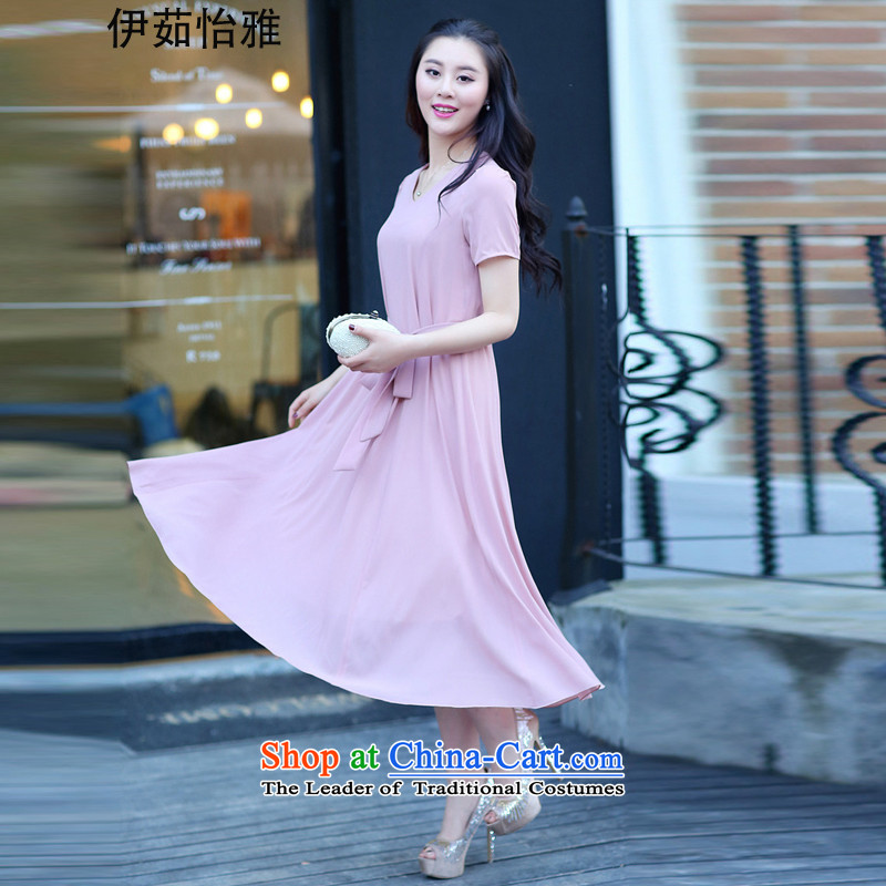 El-ju Yee Nga?2015 summer in New long skirt short-sleeved 4XL thick people large chiffon women's dresses YJ9585?XXXXL pink leather