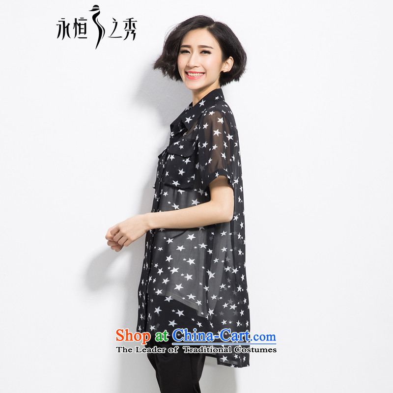 The Eternal Yuexiu Code women chiffon shirt thick sister 2015 Summer new product expertise, Hin thick mm thin, to intensify the stars stamp loose shirt, black 2XL, eternal Soo , , , shopping on the Internet