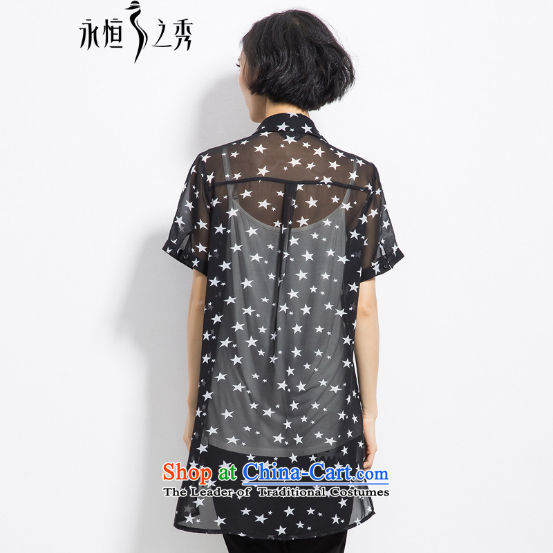 The Eternal Yuexiu Code women chiffon shirt thick sister 2015 Summer new product expertise, Hin thick mm thin, to intensify the stars stamp loose shirt, black 2XL, eternal Soo , , , shopping on the Internet
