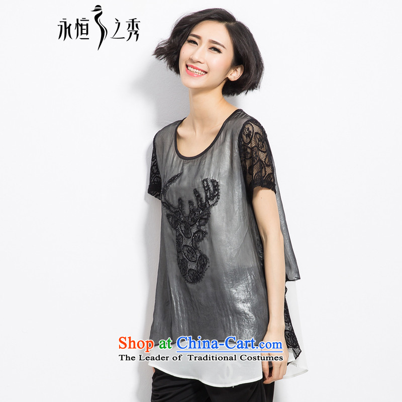 The Eternal-soo to xl t-shirts thick mm2015 summer new product expertise, Hin thick sister thin stylish twill yarn embroidery leave two t-shirts Black XL, eternal Soo , , , shopping on the Internet