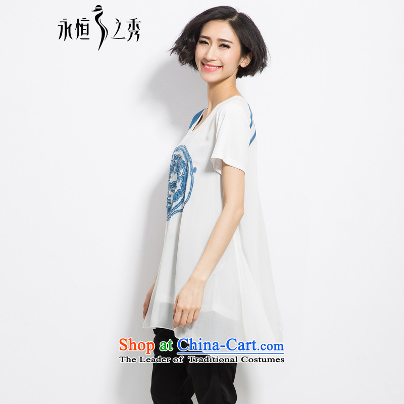 The Eternal Soo-To increase the number of women on the video thin tee thick mm2015 summer new products thick sister loose washing jean pattern leisure T-shirt white 3XL, eternal Soo , , , shopping on the Internet