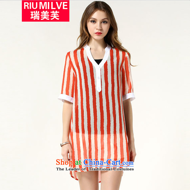 Rui Mei to larger women 2015 Summer new thick mm thin stripes graphics in the chiffon long t shirt shirt two kits N3608XXXXL red