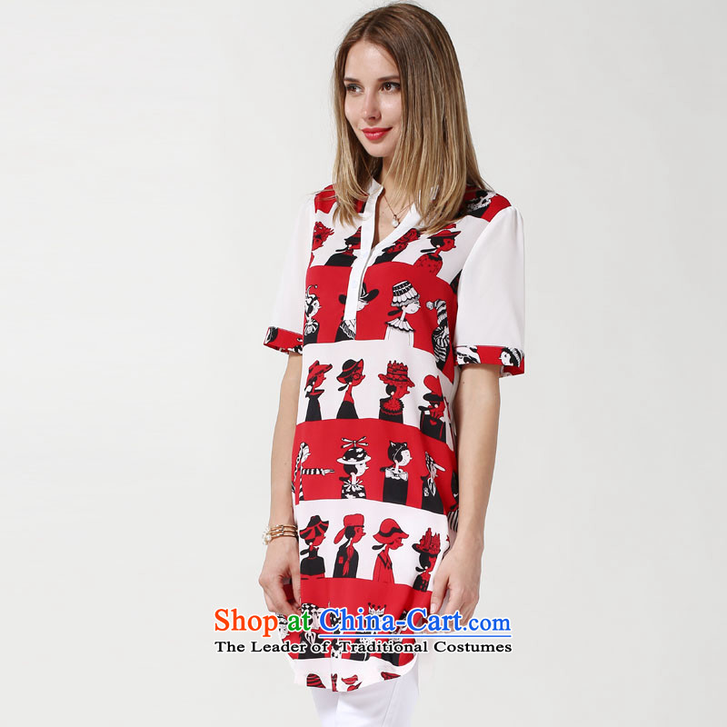 Rui Mei to larger women 2015 Summer new thick mm video thin short-sleeved T-shirt chiffon stamp in long loose casual women N3615 jacket , us to red 2XL, RIUMILVE (shopping on the Internet has been pressed.)