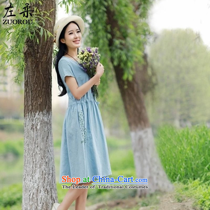   2015 Summer Sophie left Korea Edition version of liberal arts halfway cotton linen collar short-sleeve T-shirt linen in stamp long skirt light green XL, left soft , , , shopping on the Internet