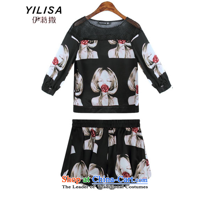 Large YILISA Women's Summer new fat mm summer figures dyeing lace stitching relaxd casual video in thin-sleeved T-shirt shorts kit K877 map color XL recommendations 100-120, Elizabeth YILISA (sub-) , , , shopping on the Internet