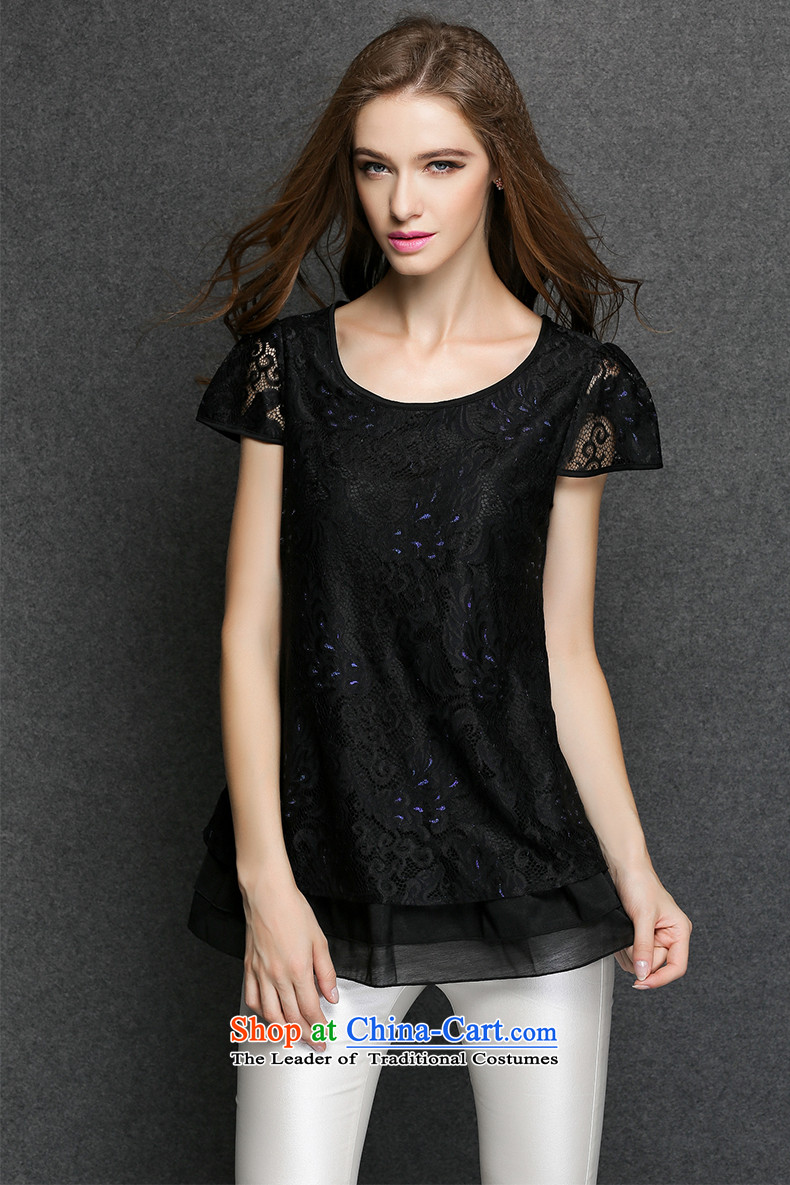 The maximum number of Europe and Connie Women's Summer 2015 new fat mm elegant lace shirt temperament video thin short-sleeved T-shirt female clothes y3371 black XXXXL picture, prices, brand platters! The elections are supplied in the national character of distribution, so action, buy now enjoy more preferential! As soon as possible.