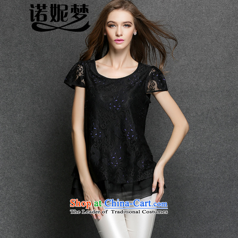 The maximum number of Europe and Connie Women's Summer 2015 new fat mm elegant lace shirt temperament video thin short-sleeved T-shirt female clothes y3371XXXXL black
