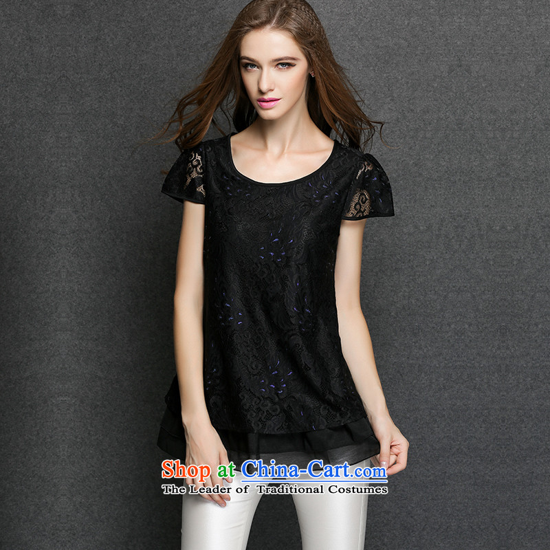 The maximum number of Europe and Connie Women's Summer 2015 new fat mm elegant lace shirt temperament video thin short-sleeved T-shirt y3371 black XXXXL, T-shirt girl of her dream , , , shopping on the Internet