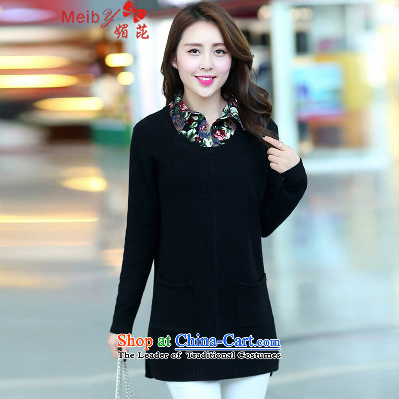 Maximum number of women to intensify the autumn and winter new stylish women Korean shirt collar workers in long leave two pieces of knitted shirt, forming the hedging long-sleeved sweater 10 952 Black. XXL
