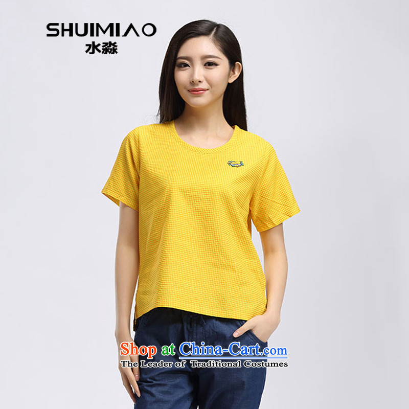 The 2015 summer new Korean version of large numbers of ladies thick mm loose video thin checked short-sleeved T-shirt S15XK4953 girl Huang orange,L