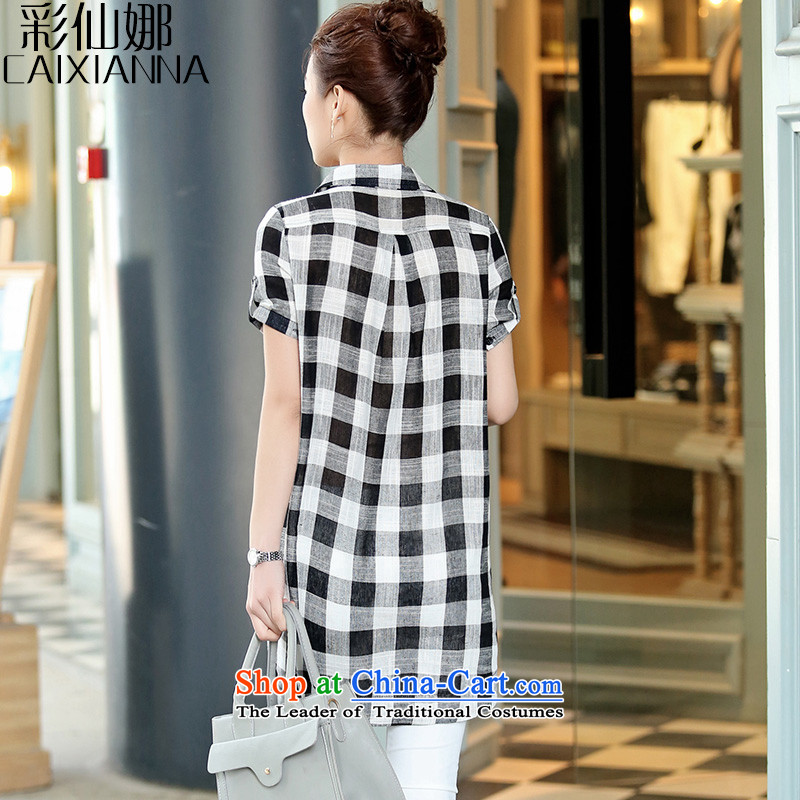 The 2015 summer of sin also new larger female Korean Sau San graffiti cartoon black and white cotton linen female checkered shirt M color-na (CAIXIANNA cents) , , , shopping on the Internet