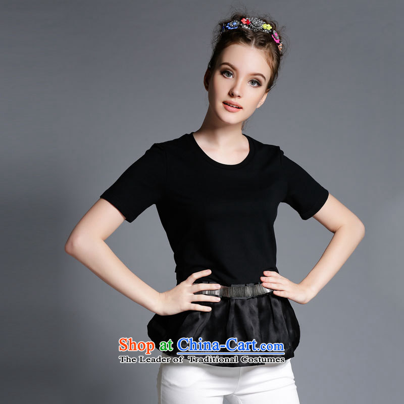 Improving access of 2015 Summer new xl female thick mm loose round-neck collar stitching OSCE root A yarn black short-sleeved T-shirt female clothes 1895 Black XL, improving access (MUFUNA) , , , shopping on the Internet